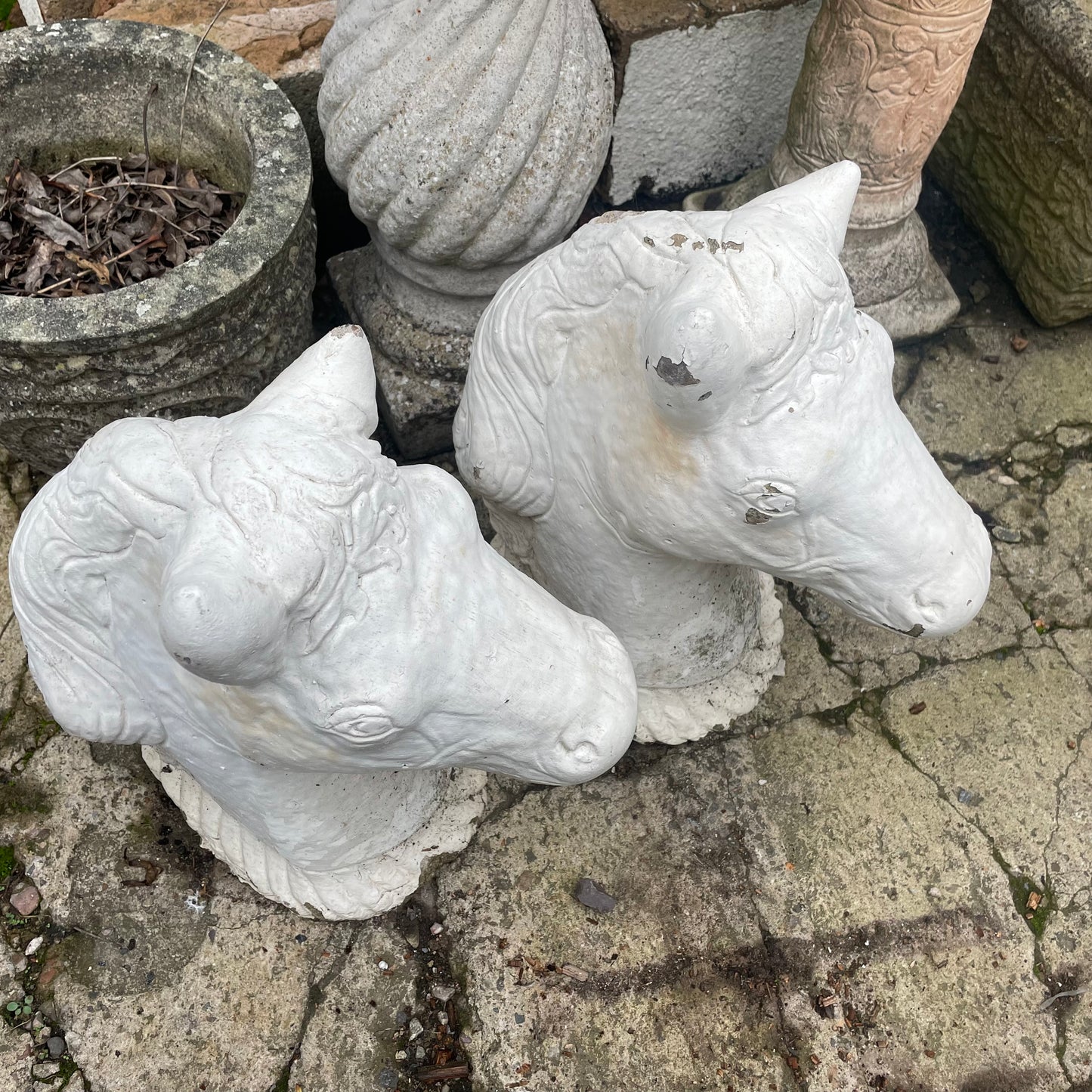 Vintage Pair Of Concrete Horse Head Wall Toppers