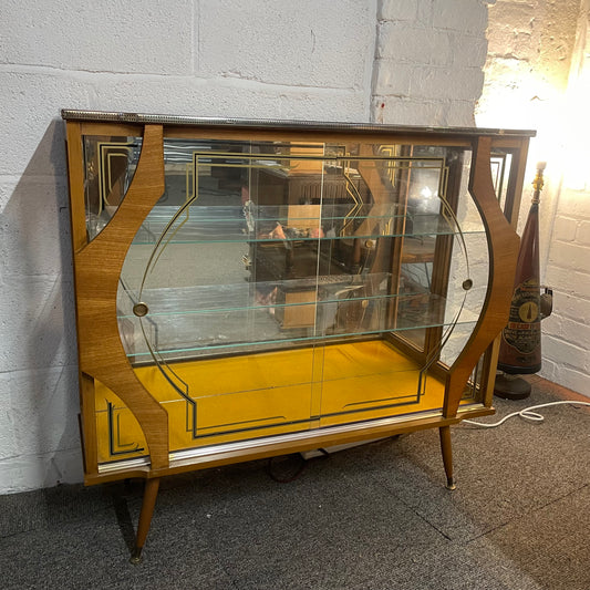 Vintage Mid Century Glass Teak Finish Display Cabinet