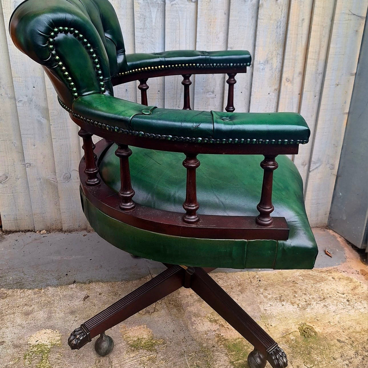 Vintage Green Leather Swivel Captains Chair