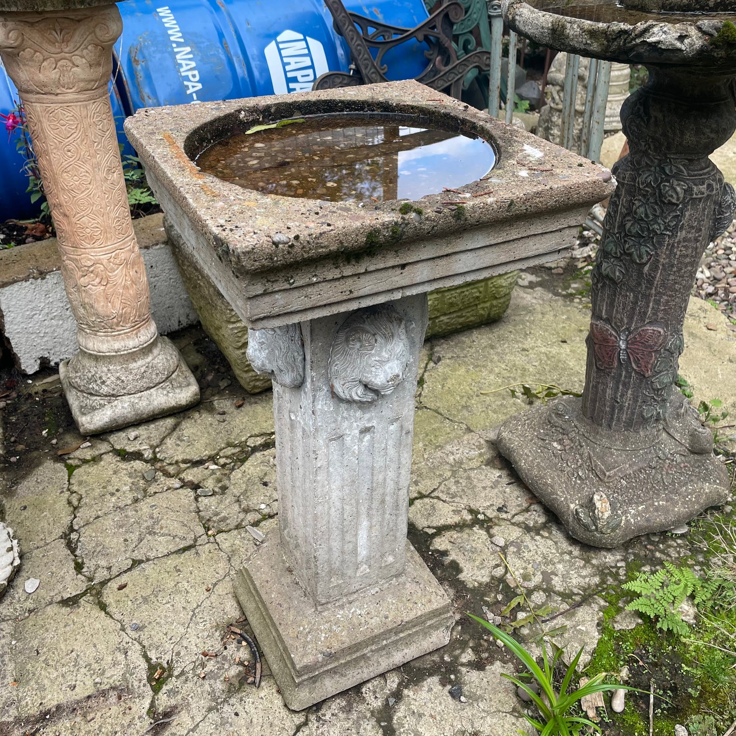 Vintage Square Lion Pedestal Bird Bath