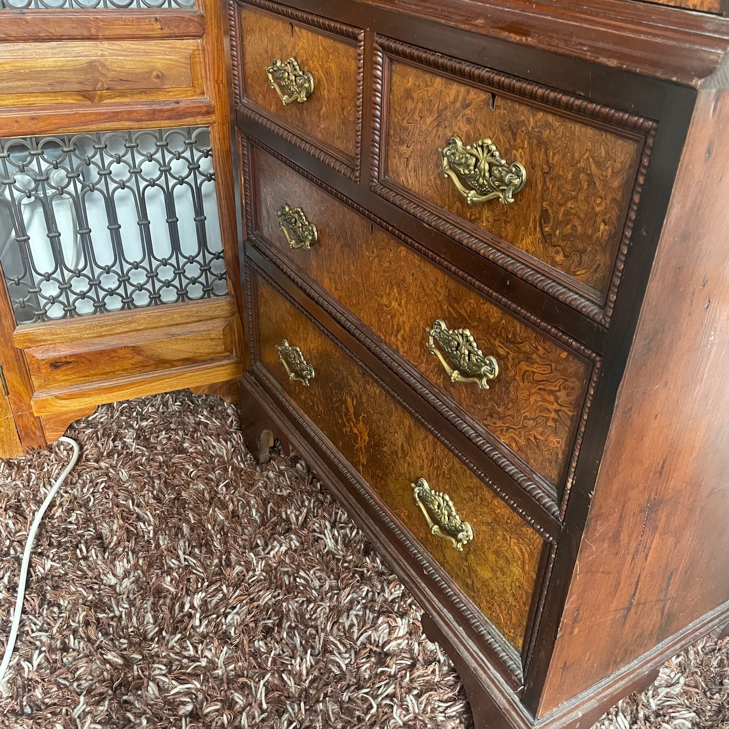 Antique Vintage Maple & Co Burr Walnut Linen Press Drawers / Cupboard