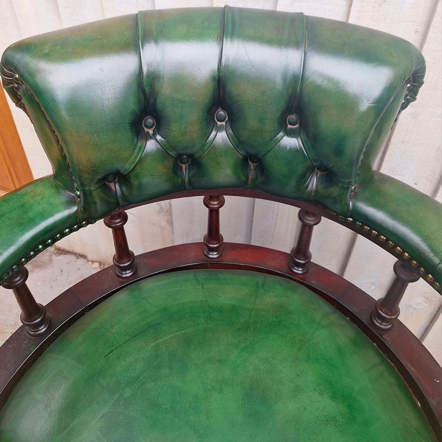 Vintage Green Leather Swivel Captains Chair