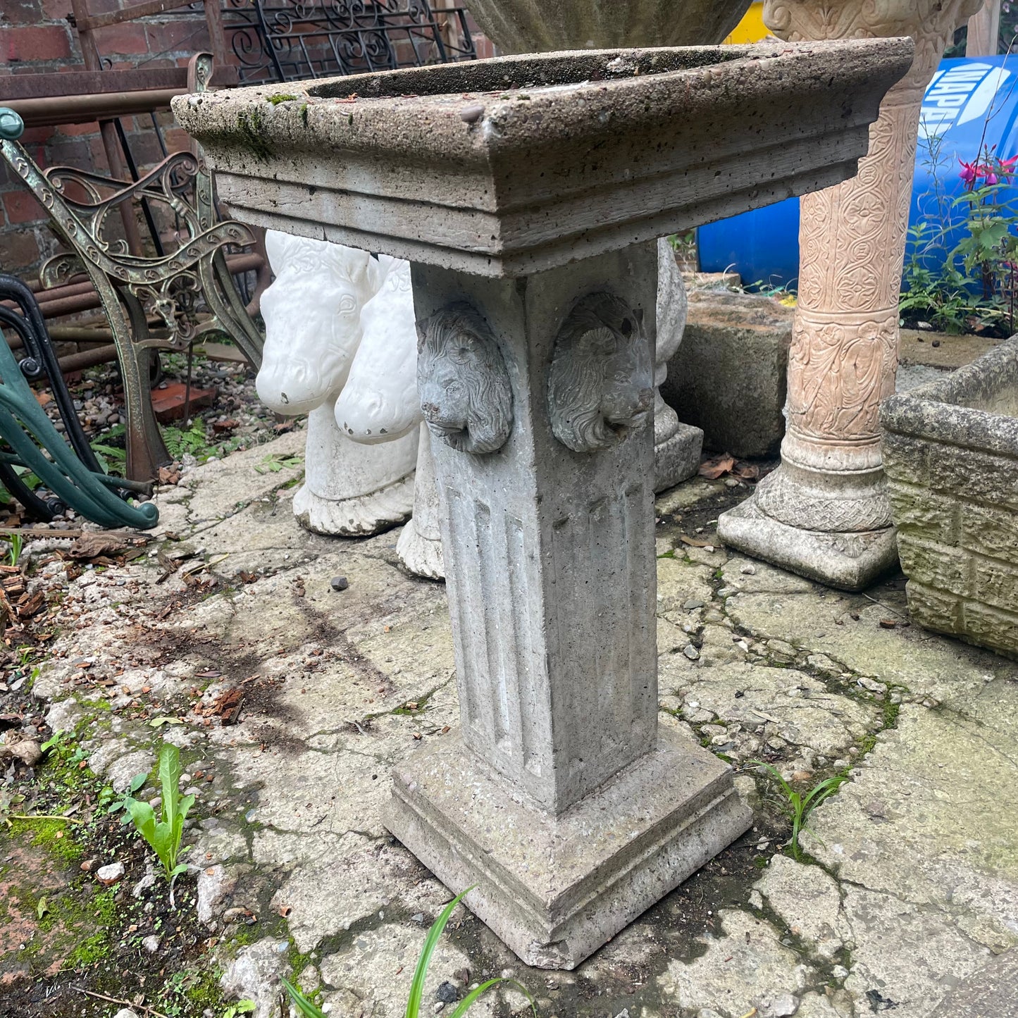 Vintage Square Lion Pedestal Bird Bath