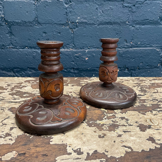 Vintage Pair Wood Turned & Carved Candle Stick Holders