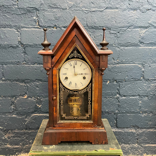 Antique Vintage American New Haven Gothic Chapel Style Chiming Mantel Clock