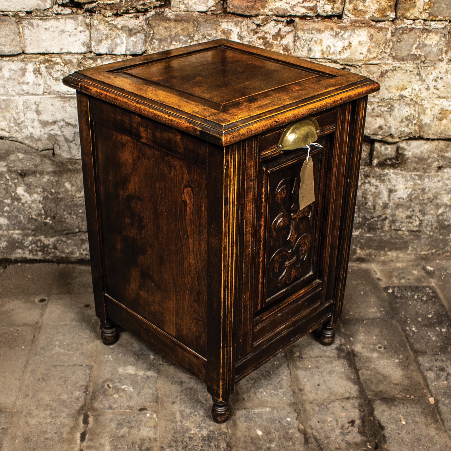 Antique Solid Oak Hand Carved Coal Scuttle With Liner