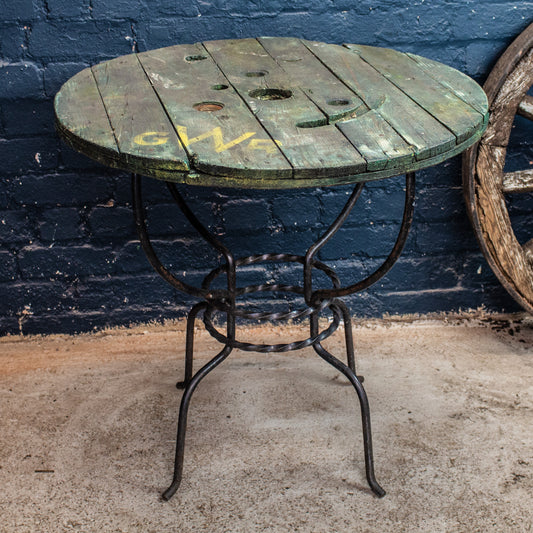 Reclaimed Wooden Cable Reel GWR Style Table With Metal Base
