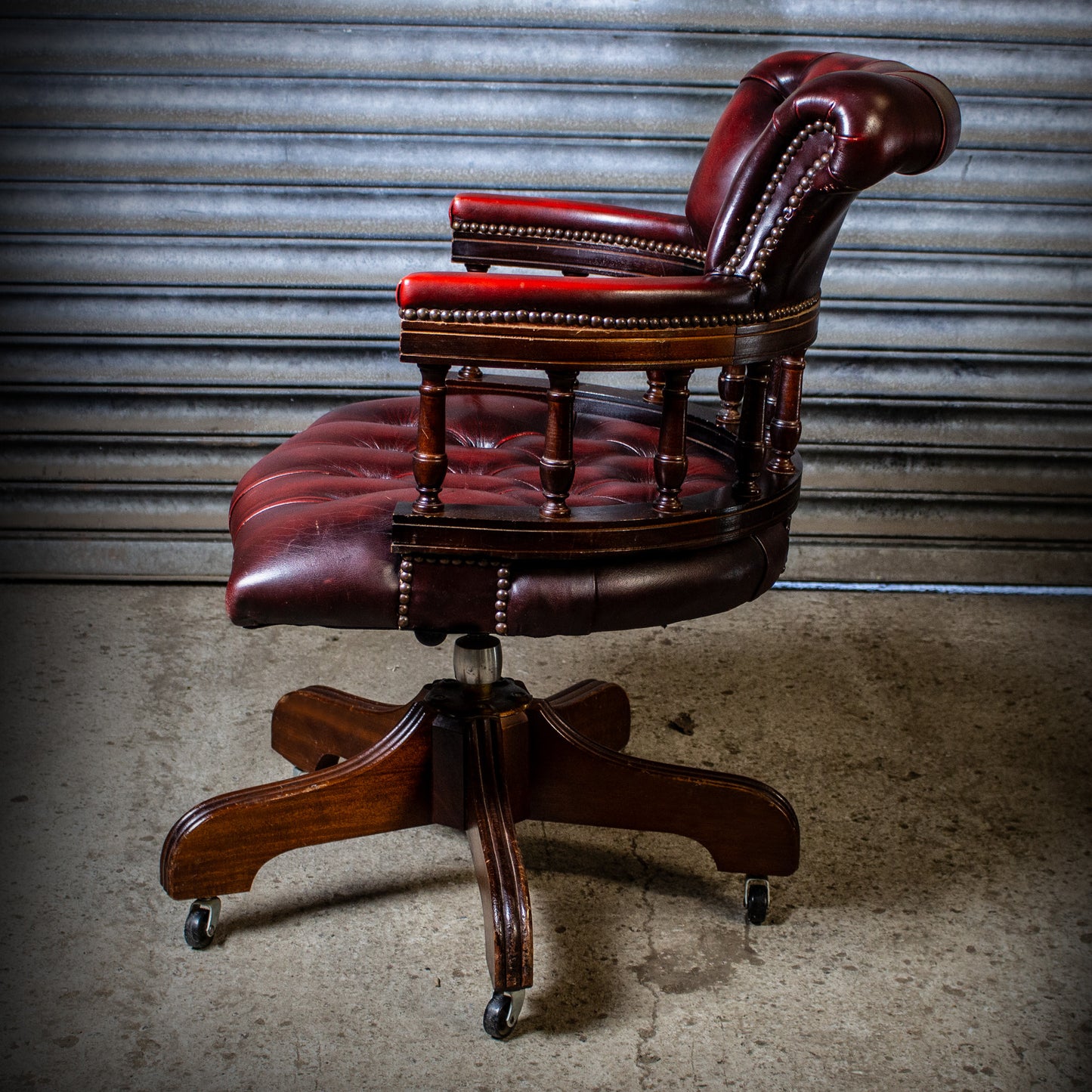 Antique Vintage Style Captains Swivel Desk Chair Oxblood Red Leather