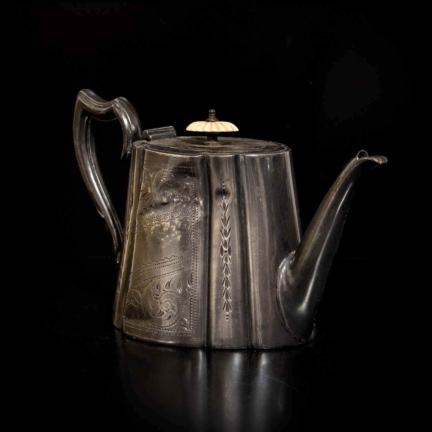 Antique Vintage Pewter Engraved Teapot