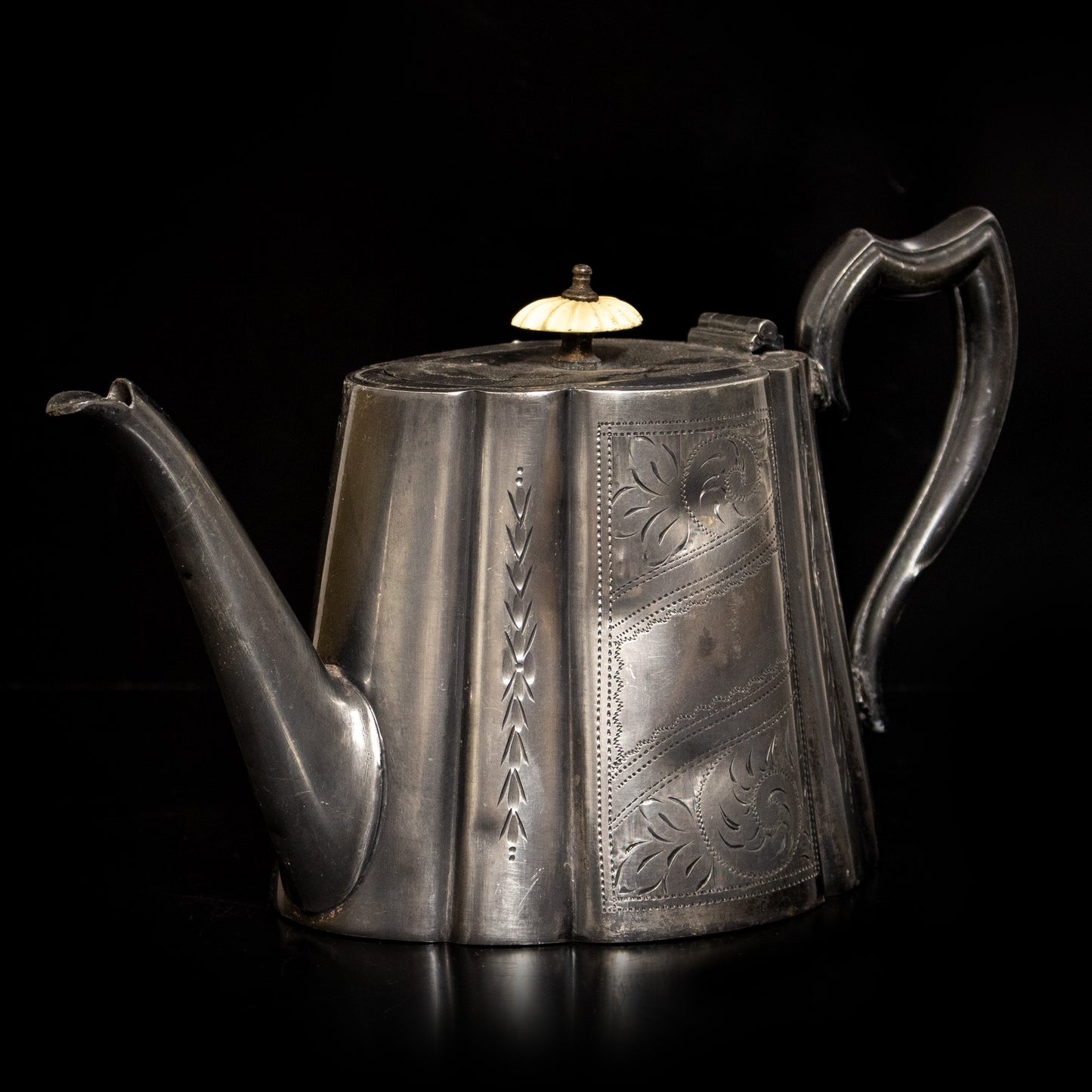 Antique Vintage Pewter Engraved Teapot