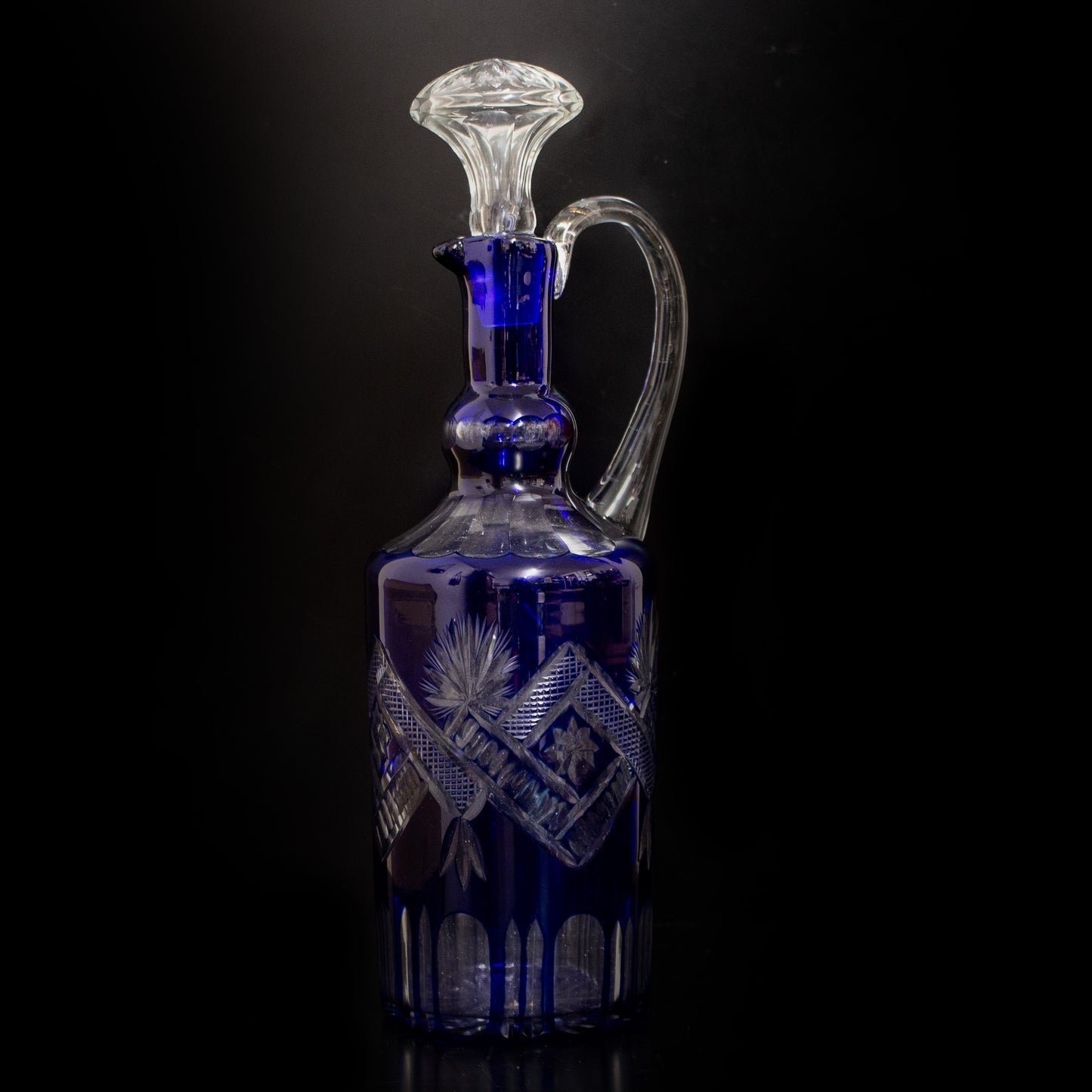 Vintage Blue / Clear Glass Cut Decanter / Jug