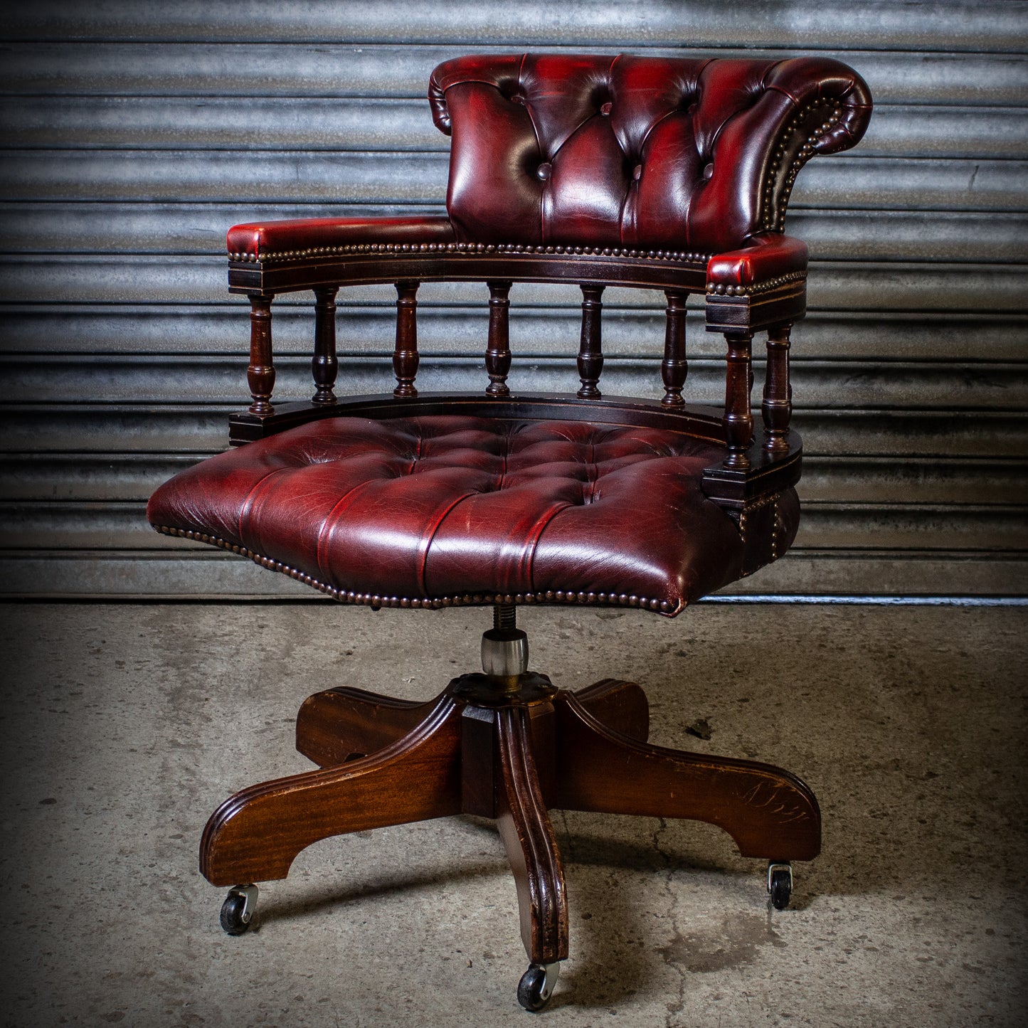 Antique Vintage Style Captains Swivel Desk Chair Oxblood Red Leather