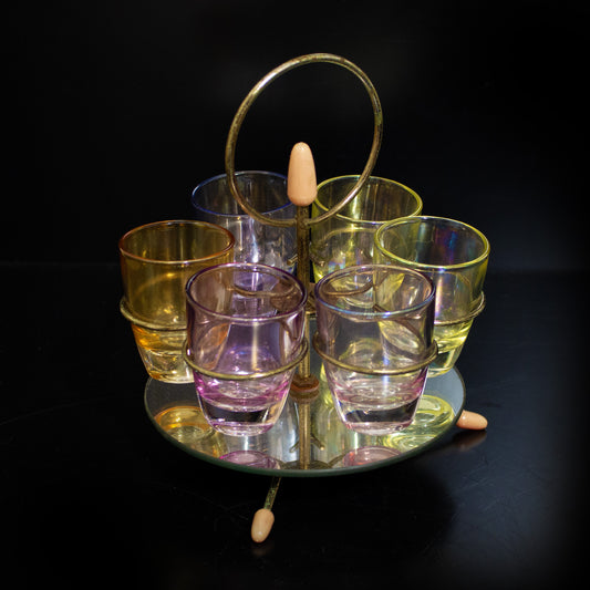 Vintage Mid Century 6 Shot Glass Set & Stand