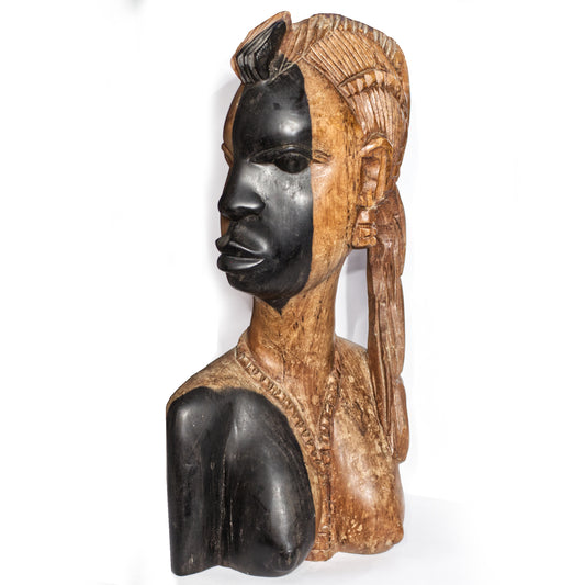 Vintage African Female 2 Tone Ebony Hand Carved Head Bust