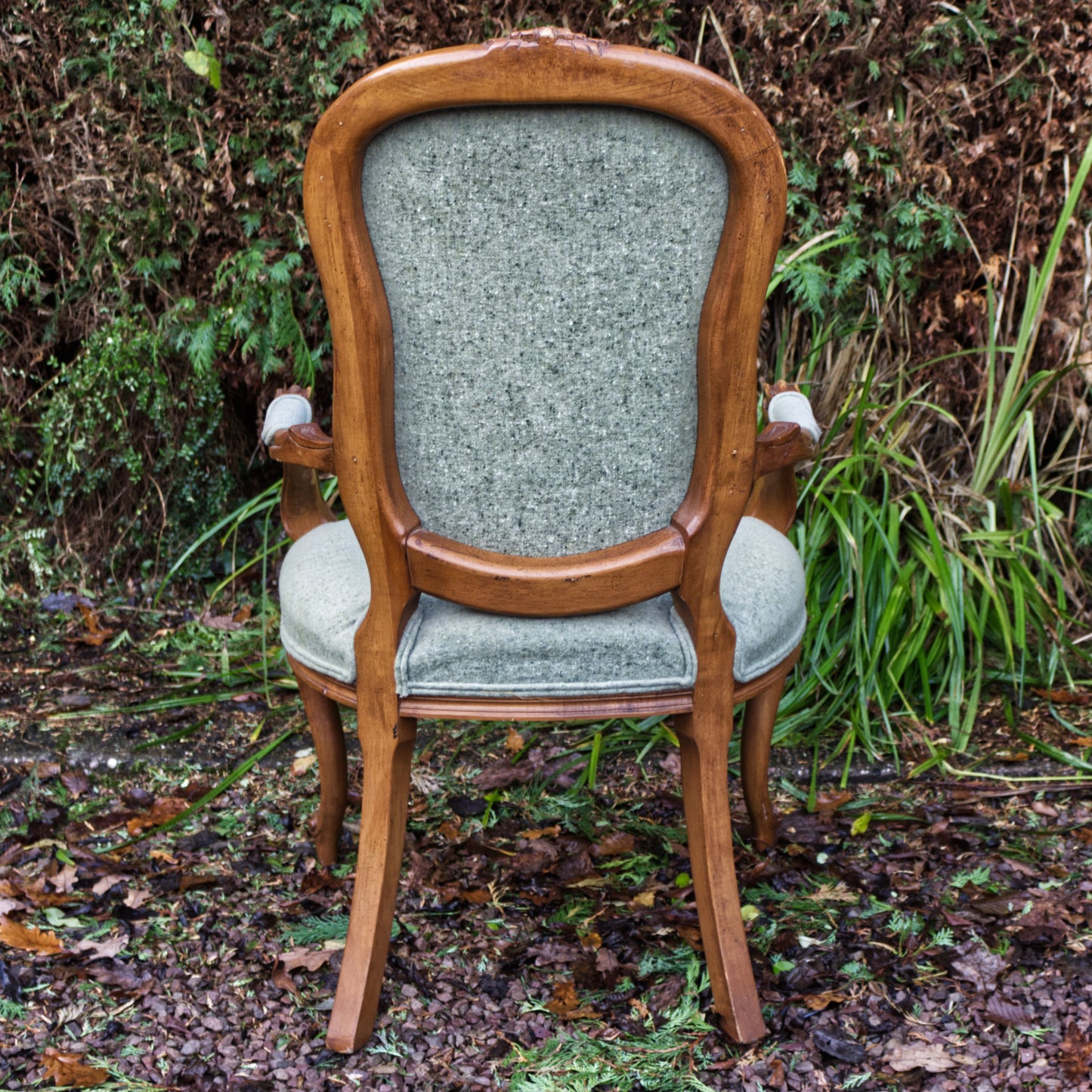 Vintage Louis XV French Style Open Armchair Carved Wood Yorkshire Tweed Fabric