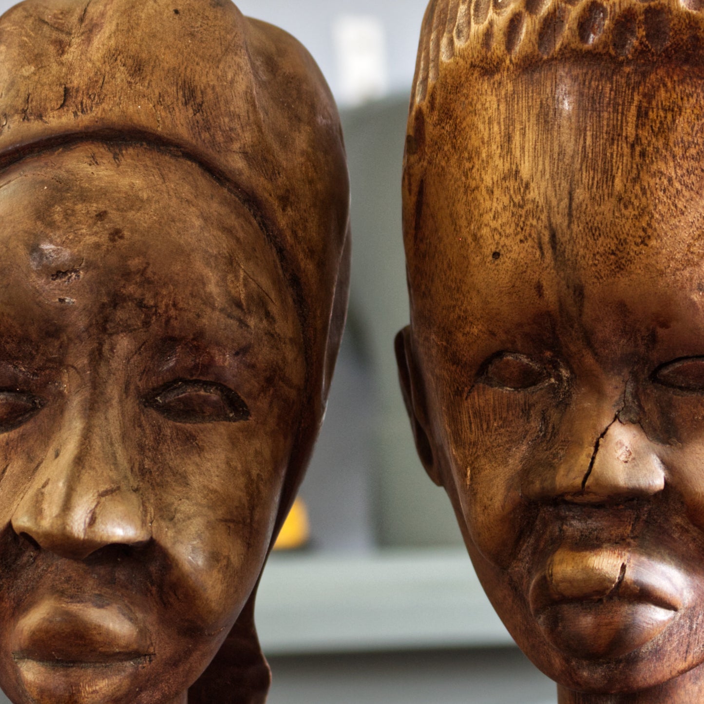 Vintage Mid-Century Wooden Hand Carved African Head Busts