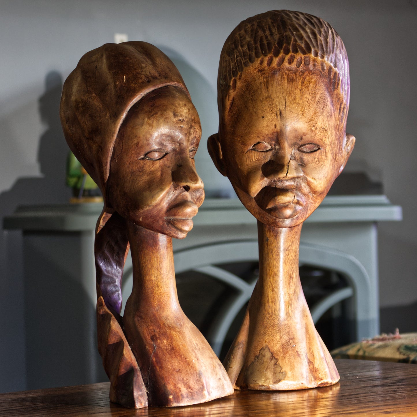 Vintage Mid-Century Wooden Hand Carved African Head Busts